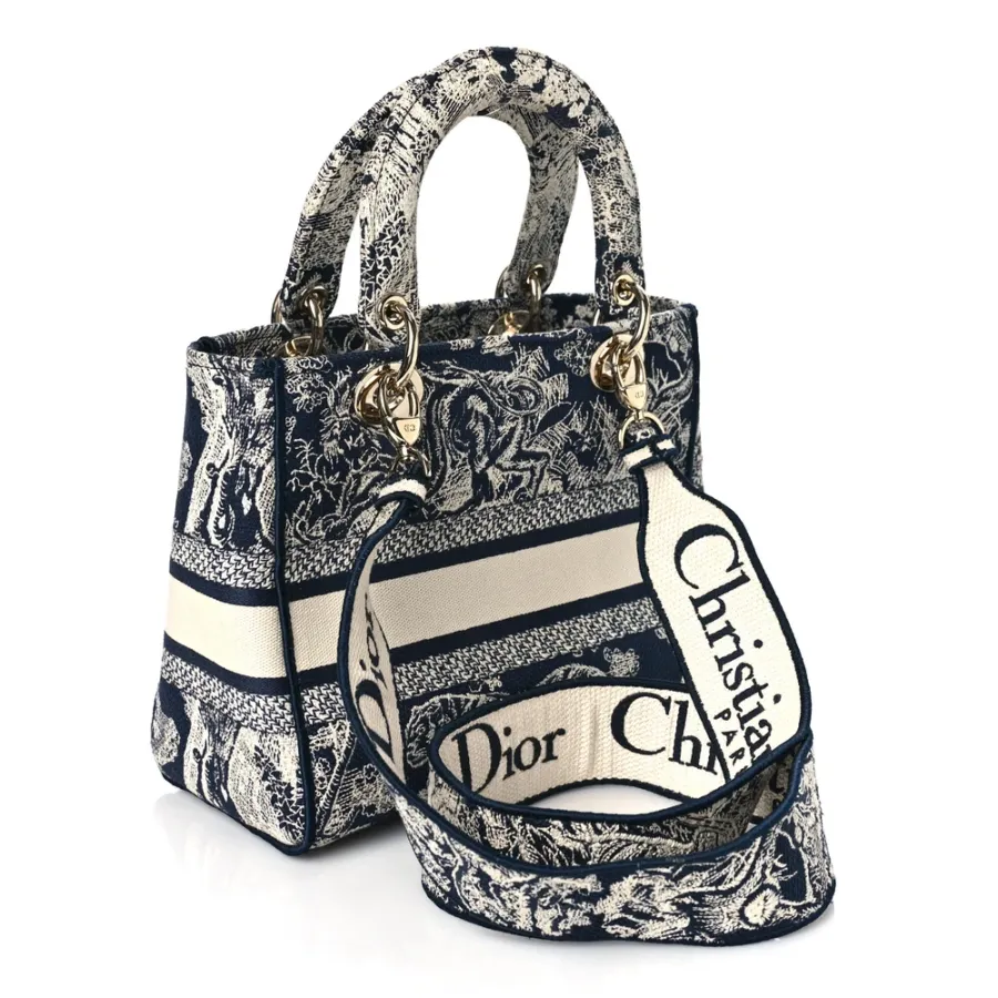Dior Medium Toile De Jouy Lady D-Lite Blue Embroidered Canvas Gold Hardware