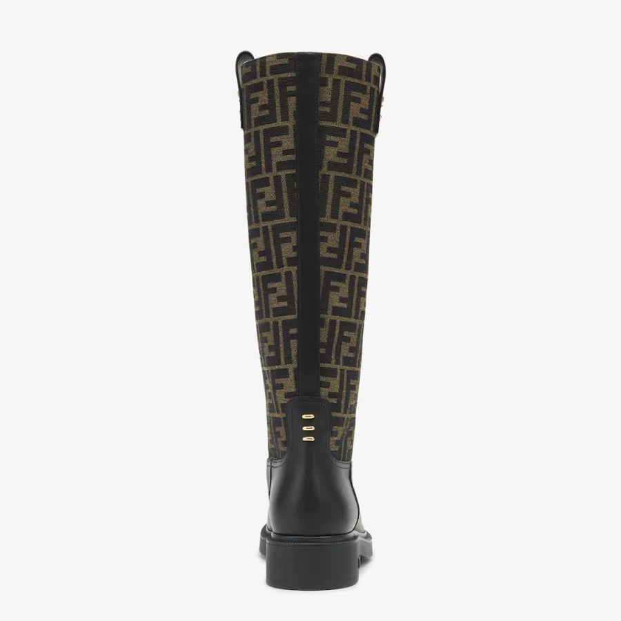 FENDI Black leather and brown FF fabric boots