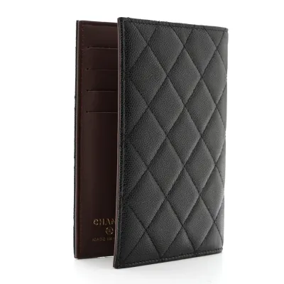 Chanel Passport Holder Small Black Quilted Caviar Leather Gold Hardware