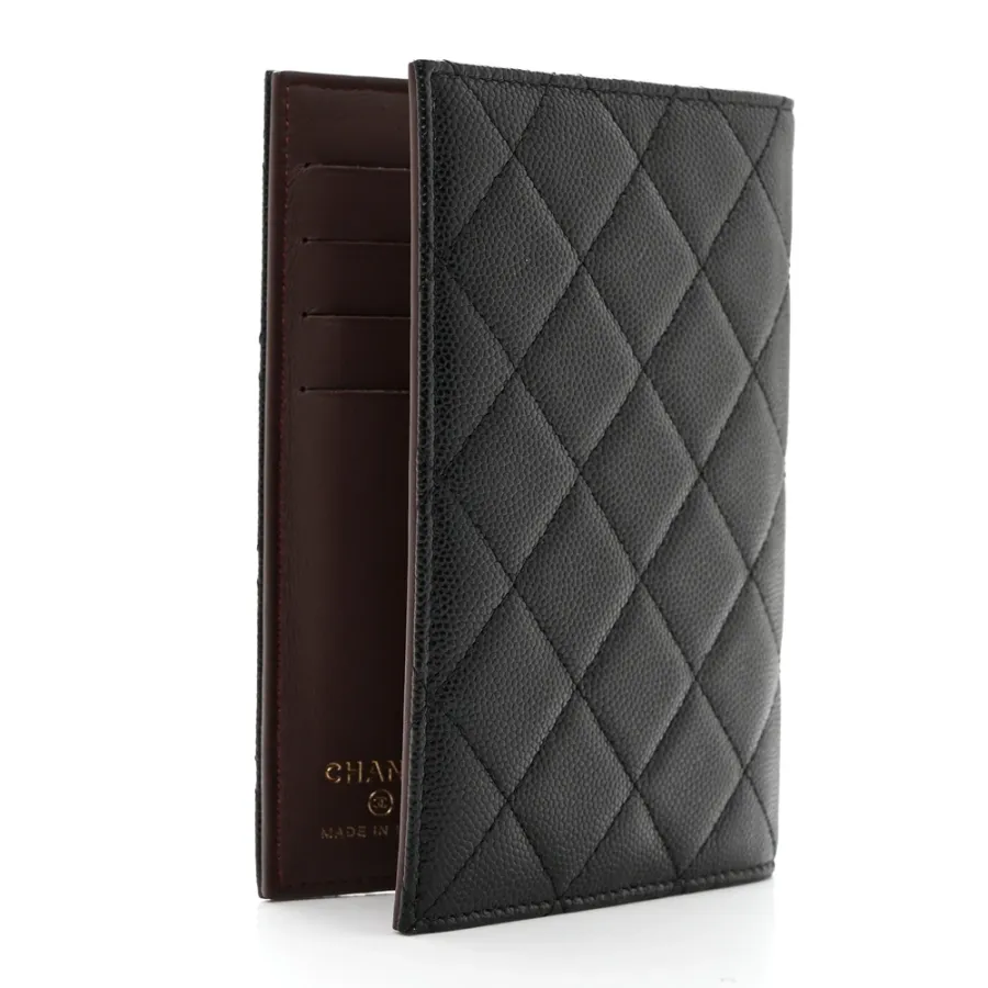 Chanel Passport Holder Small Black Quilted Caviar Leather Gold Hardware