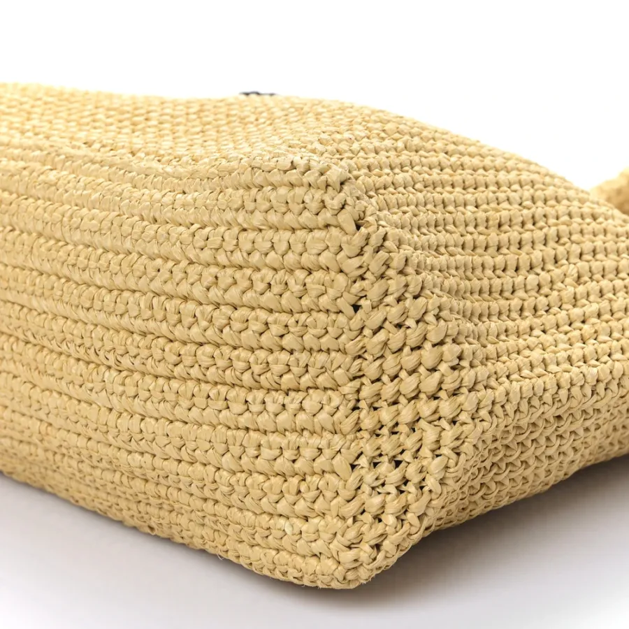 Prada Large Effect Crochet Embroidered Logo Tote Naturale Yarn Raffia