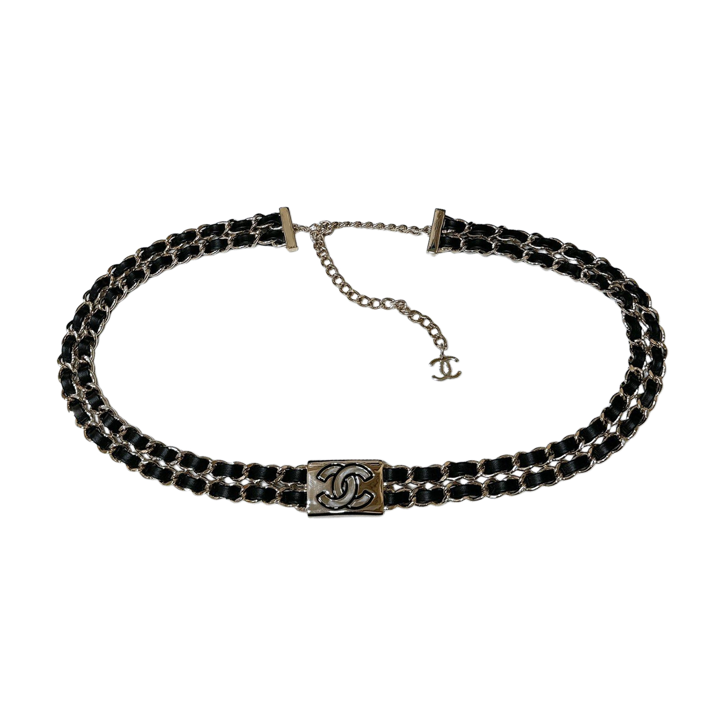 Chanel 25S Cinto de Corrente Feminino em Pele de Cordeiro Preta com Acabamento em Ouro Claro Tamanho Único 93cm