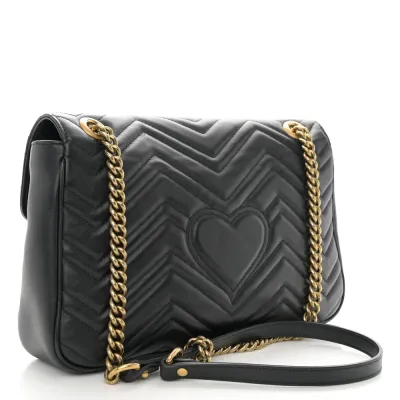 Gucci Medium GG Marmont Shoulder Bag Black Calfskin Matelassé Leather Antique Gold Hardware