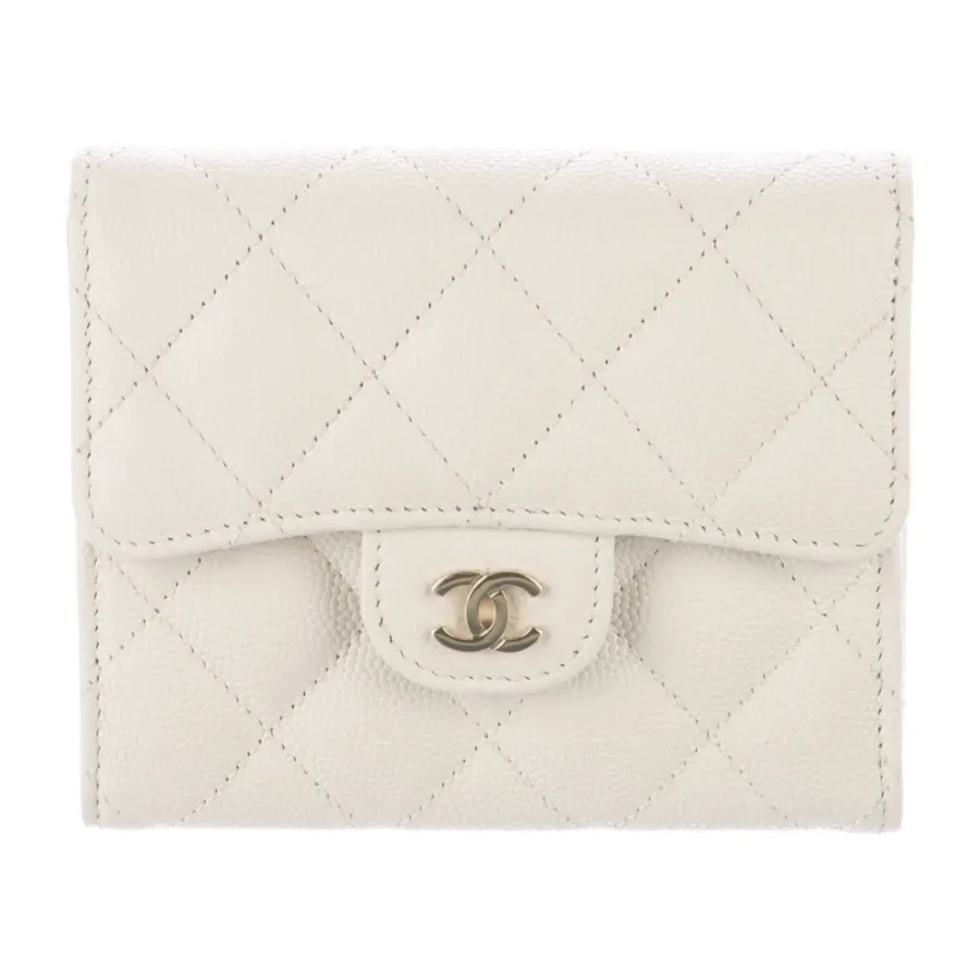 Chanel Small Compact Wallet White Quilted Leather Gold Hardware