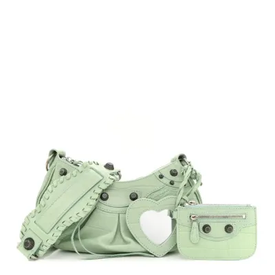 Balenciaga XS Le Cagole Shoulder Bag Light Green Crocodile Embossed Extra Supple Calfskin Leather Black Hardware