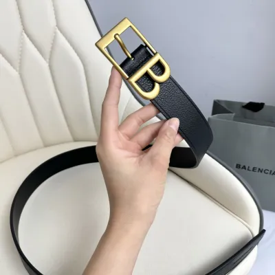 Balenciaga Men's Classic B Large Belt In Black Grained Calfskin With Gold/Silver Hardware 35mm