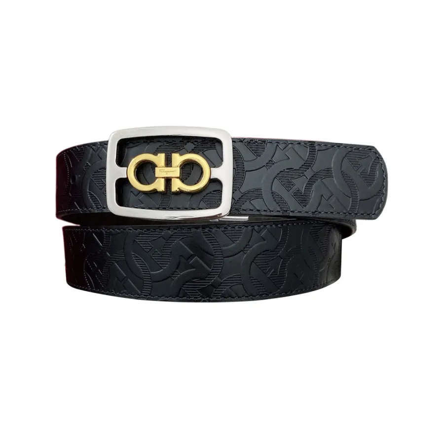 Ferragamo Men's Square Buckle Belt In Black/Coffee Grained Calfskin With Gold/Silver Hardware 35mm