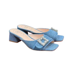Roger Vivier Très Vivier Mules High Heels In Blue Denim With Crystal Buckle (Heel Height 3.5cm)