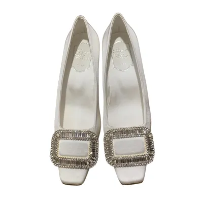 Roger Vivier Belle Vivier Pumps High Heels In Silver/White/Red/Beige Satin With Crystal Buckle (Heel Height 4.5cm)