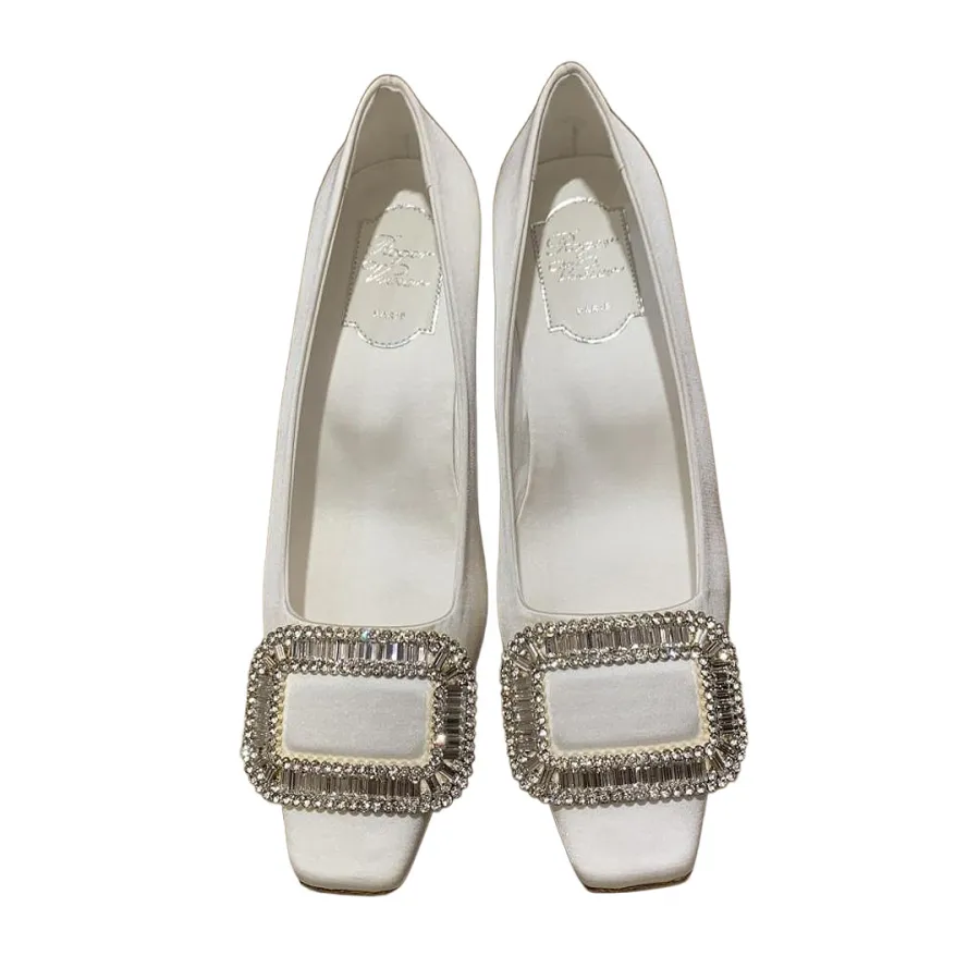 Roger Vivier Belle Vivier Pumps High Heels In Silver/White/Red/Beige Satin With Crystal Buckle (Heel Height 4.5cm)