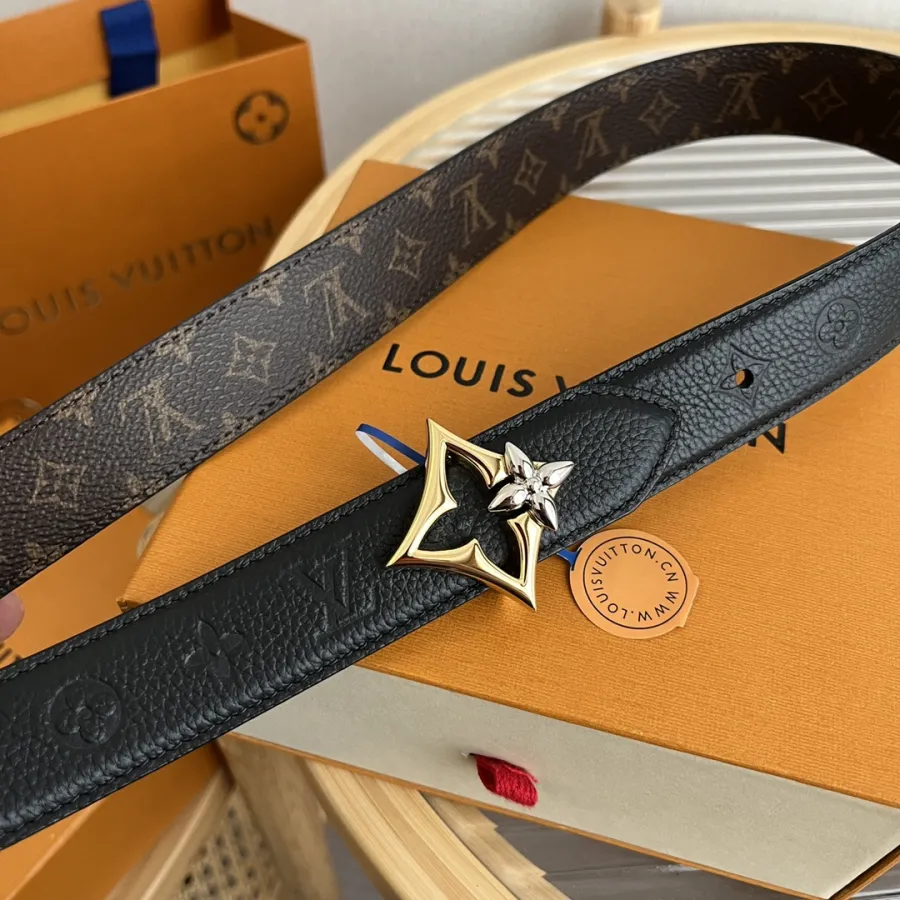 Louis Vuitton Women's Flowergram Reversible Belt In Black/Brown/Beige/White Calfskin And Monogram Canvas With Gold/Silver Hardware 30mm