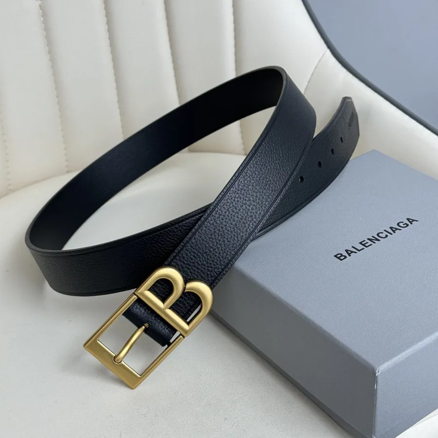 Balenciaga Men's Classic B Large Belt In Black Grained Calfskin With Gold/Silver Hardware 35mm