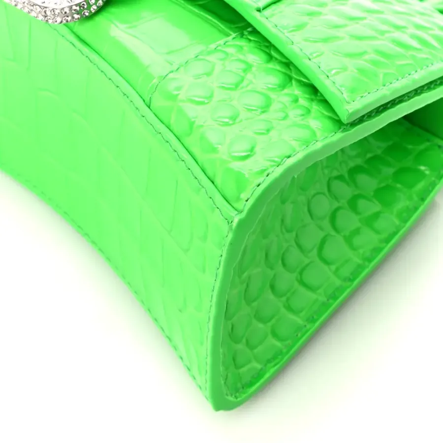 Balenciaga XS Hourglass Top Handle Bag Fluo Green Strass Crocodile Embossed Shiny Calfskin Leather Silver Hardware
