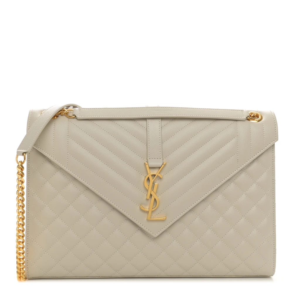 Saint Laurent Bolsa Grande Satchel Crema Soft Triquilt Monogram Grain De Poudre Textura Mista Matelassê Couro Hardware Prateado