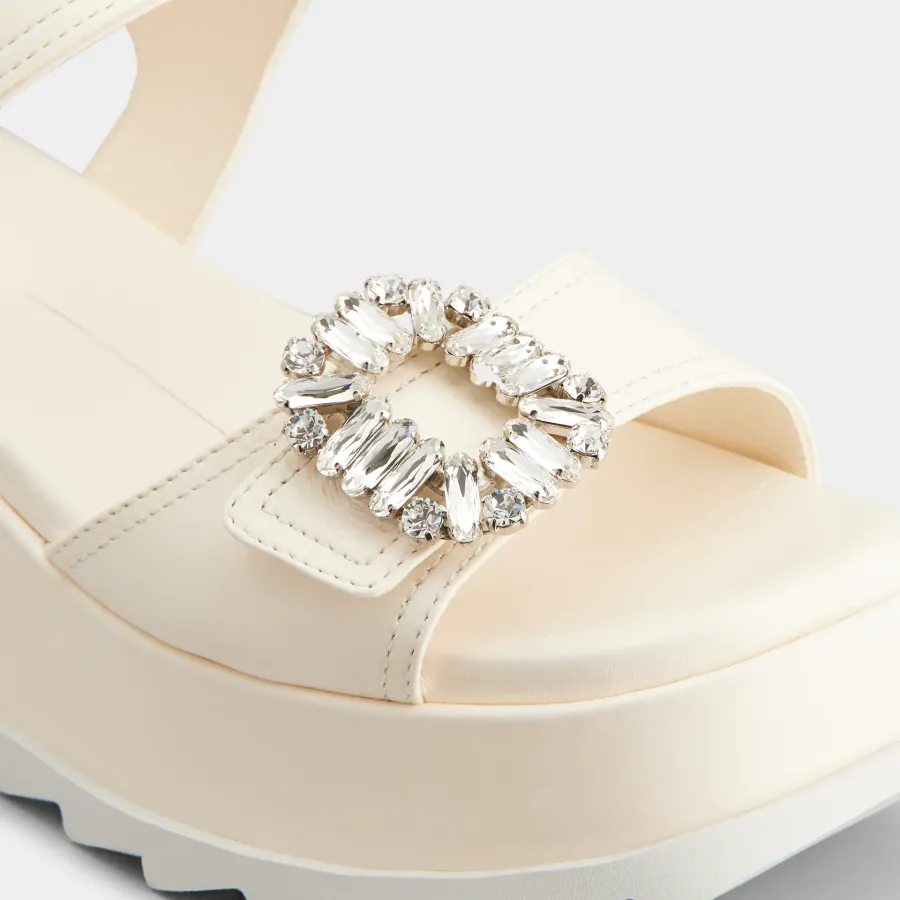 Roger Vivier Slidy Viv' Wedge Sandals In White Calfskin Leather With Crystal Buckle (Heel Height 6.5cm)