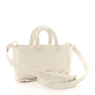 Dior Medium Lady D-Joy Latte Diamond Cannage Calfskin Leather Matte White Hardware