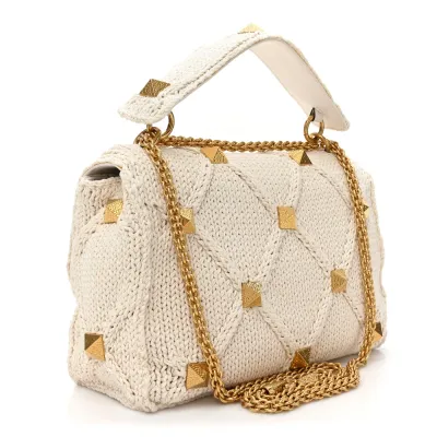 Valentino Garavani Large Roman Stud Shoulder Bag Ecru Knit Gold Hardware