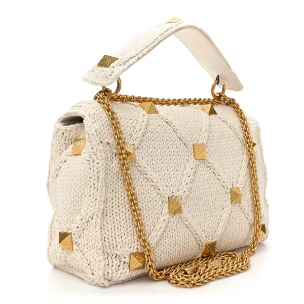 Valentino Garavani Large Roman Stud Shoulder Bag Ecru Knit Gold Hardware - Image 2