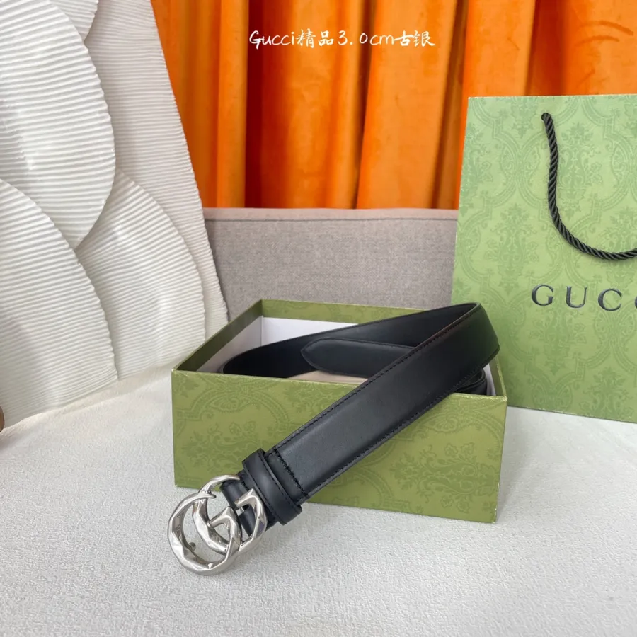 Gucci Women's GG Buckle Belt In Black/White/Brown Smooth Calfskin With Gold/Silver Hardware 30mm