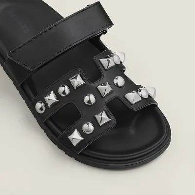 HERMES Chypre Black Studs of rivets Slippers