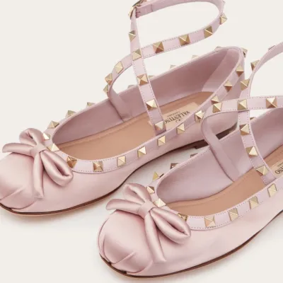 VALENTINO Rivet satin pink ballet flats shoes