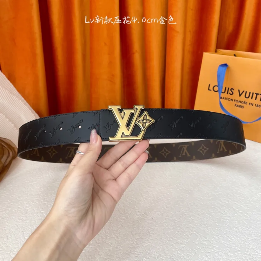 Louis Vuitton Men's LV Flower Buckle Reversible Belt In Black Calfskin And Black/Brown Monogram Canvas With Gold/Silver Hardware 40mm