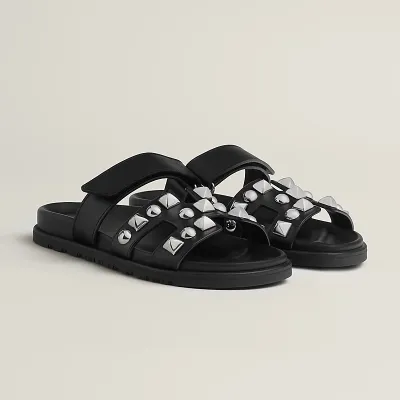 HERMES Chypre Black Studs of rivets Slippers