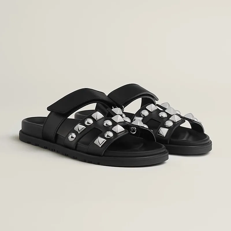 HERMES Chypre Black Studs of rivets Slippers