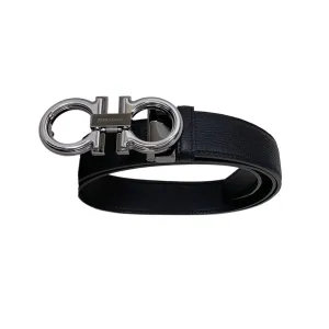 Ferragamo Men's Double Gancini Buckle Reversible Belt In Black/Coffee Saffiano Calfskin With Gold/Silver/Gun Black Hardware 35mm