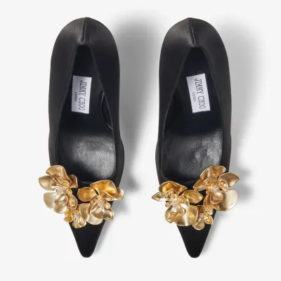 JIMMY CHOO Black satin floral embellished heels