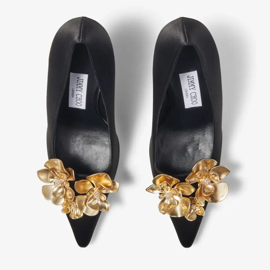 JIMMY CHOO Black satin floral embellished heels