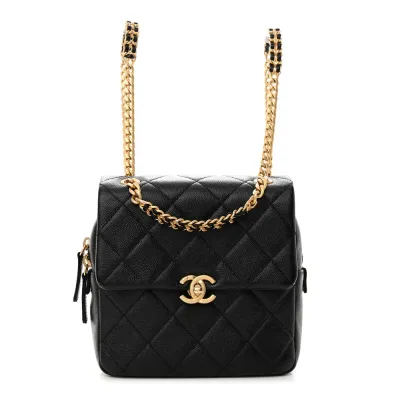 Chanel Chain Melody Backpack Small Black Quilted Shiny Caviar Leather Gold Hardware