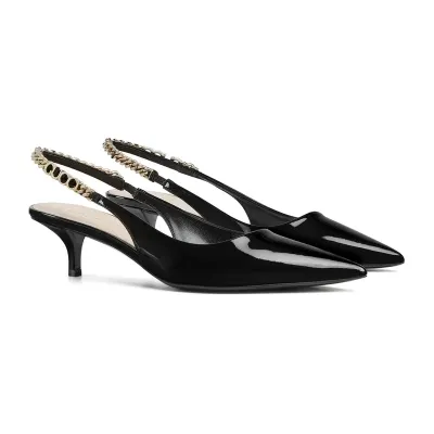 Gucci black patent leather pointed heels high heels shoes Rear lace up high heels