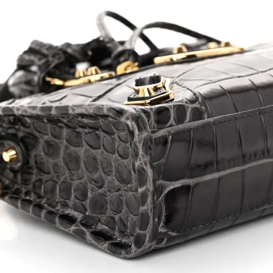 Balenciaga Nano City Bag Dark Grey Crocodile Embossed Calfskin Leather Gold Hardware