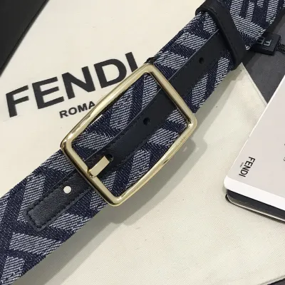 Fendi Men's Rectangle Buckle Belt In Blue Denim FF Monogram With Gold/Silver Hardware 35mm