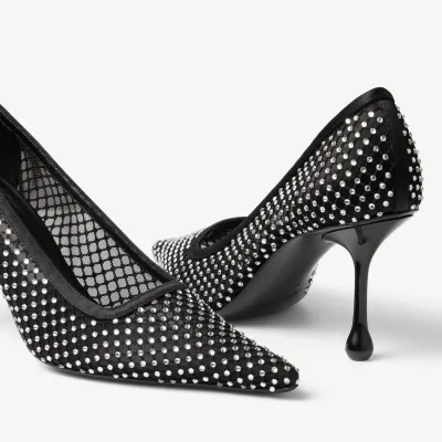 JIMMY CHOO Crystal mesh stitched black satin heels