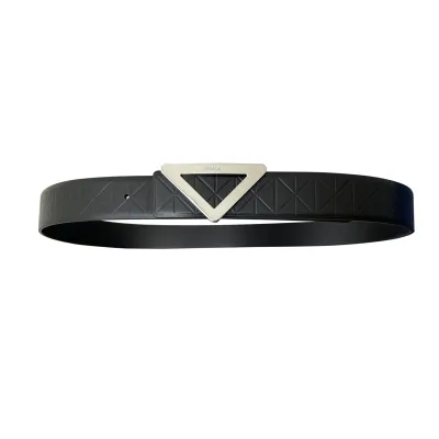Prada Men' s Triangled Buckle Belt In Black Calfskin With Gold/Silver/Black Hardware 35mm