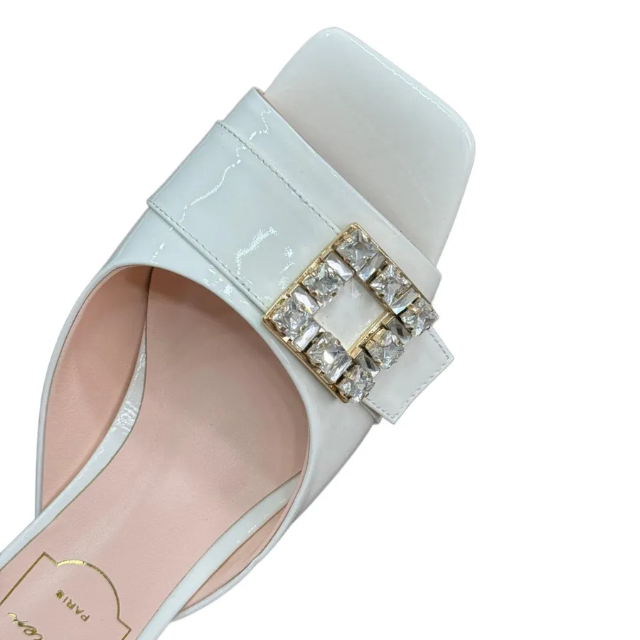 Roger Vivier Très Vivier Mules High Heels In White/Black Patent Leather With Crystal Buckle (Heel Height 3.5cm)