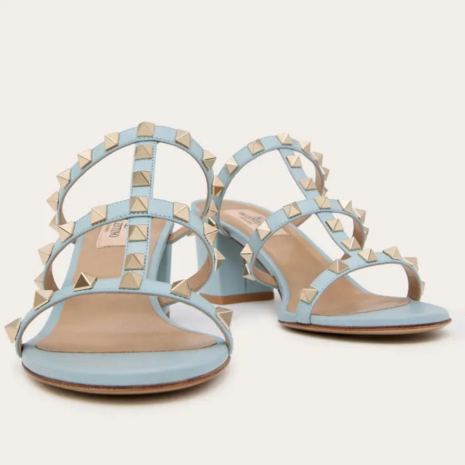 VALENTINO Blue calfskin rivet heel sandals (heel height 6cm)