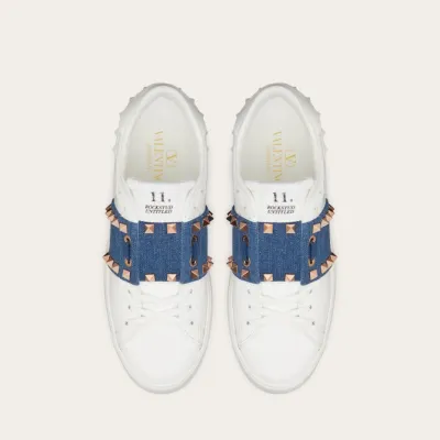 VALENTINO Women's studded denim trim calfskin sneakers