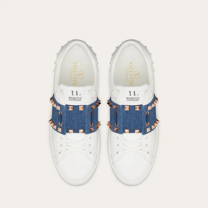 VALENTINO Women's studded denim trim calfskin sneakers