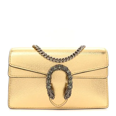 Gucci Super Mini Dionysus Shoulder Bag Metallic Gold Calfskin Leather Aged Silver Hardware