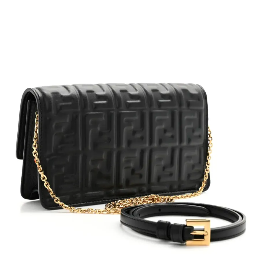 Fendi FF Embossed Wallet On Chain (WOC) Black Matisse Nappa Leather Light Gold Hardware