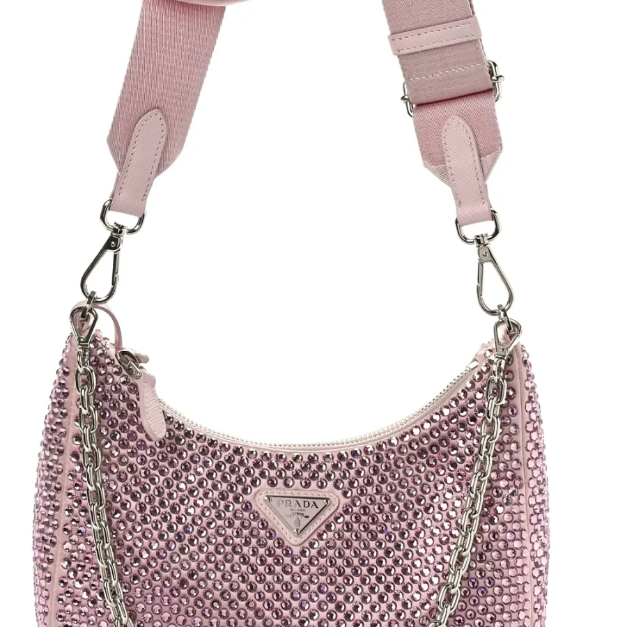 Prada Re-Edition 2005 Shoulder Bag Alabastro Satin & Crystal Silver Hardware