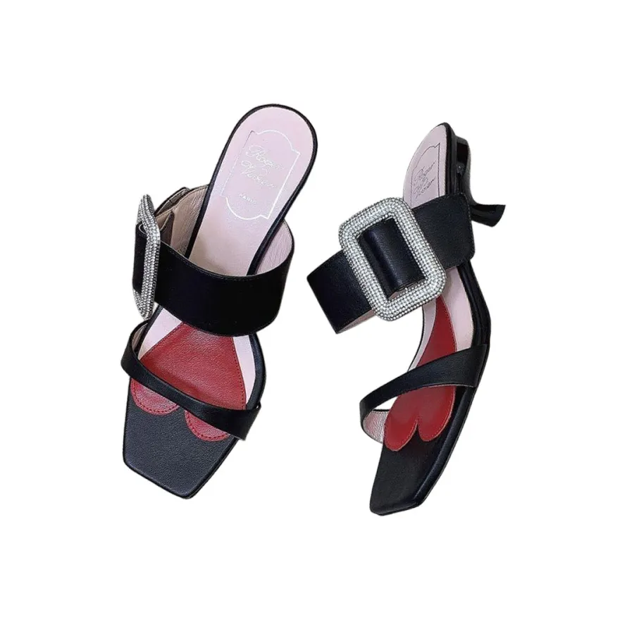 Roger Vivier Viv' Rangers Mules Sandals In White/Black/Blue Leather With Crystal Buckle (Heel Height 5.5cm)