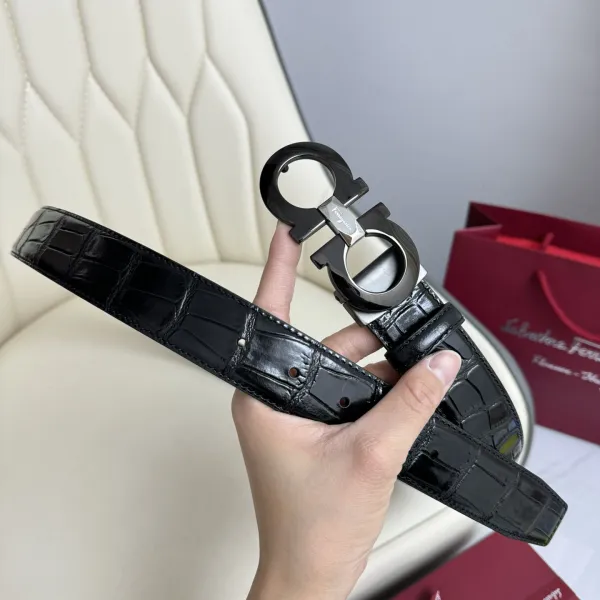 Ferragamo Men's Double Gancini Buckle Reversible Belt In Black Crocodile-Embossed Calfskin With Gold/Silver/Black Hardware 35mm - Image 9