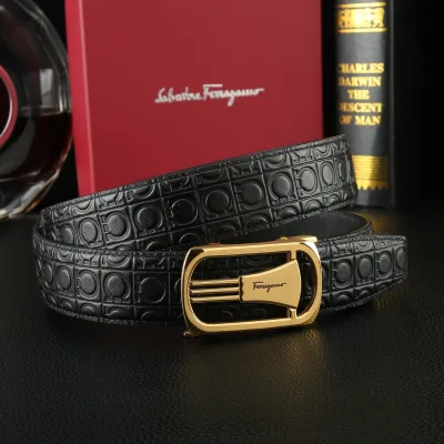 Ferragamo Men's Square Buckle Belt In Black Gancini Monogram Calfskin With Gold/Silver Hardware 35mm