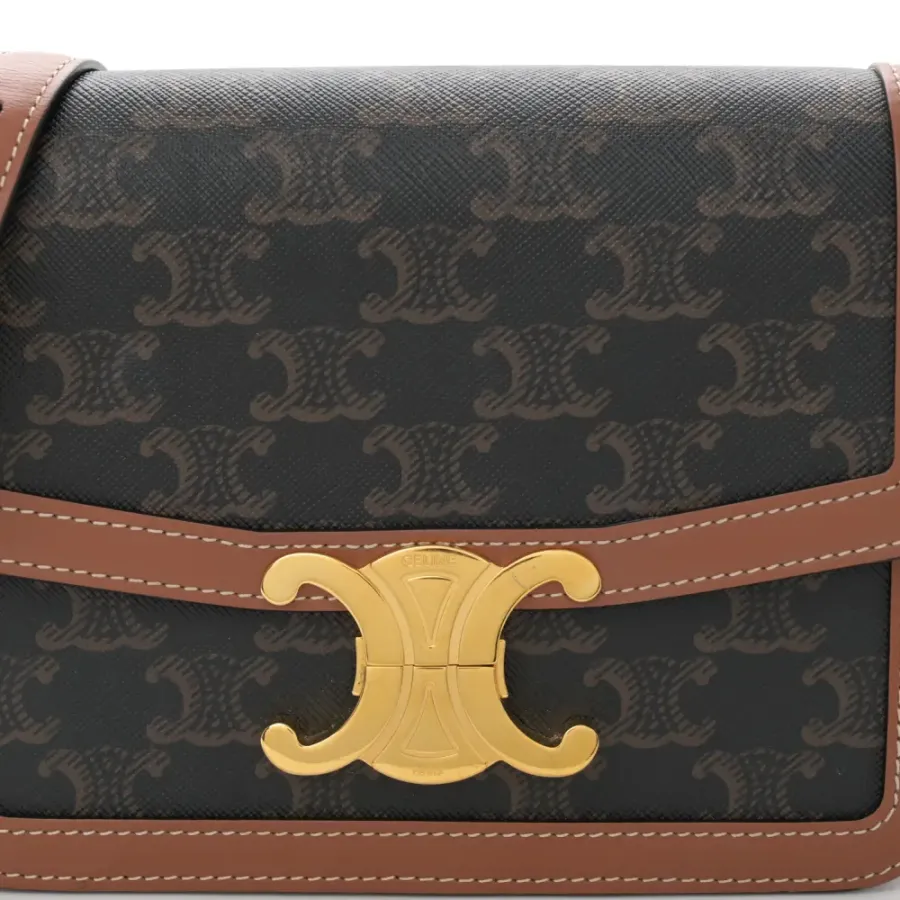 Celine Teen Triomphe Bag Medium Tan Calfskin Leather & Triomphe Canvas Gold Hardware