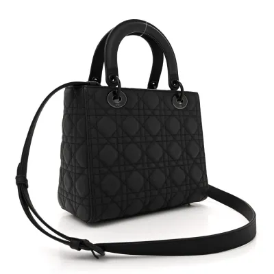 Dior Medium Lady Dior Black Ultra Matte Cannage Calfskin Leather Matte Black Hardware