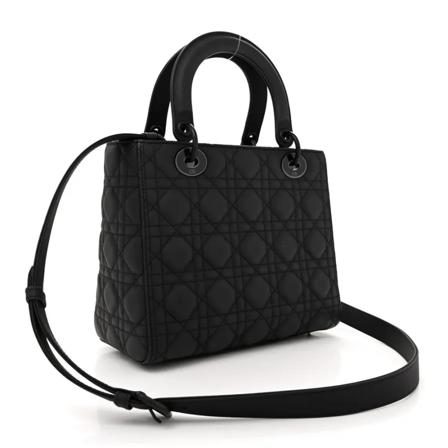 Dior Medium Lady Dior Black Ultra Matte Cannage Calfskin Leather Matte Black Hardware